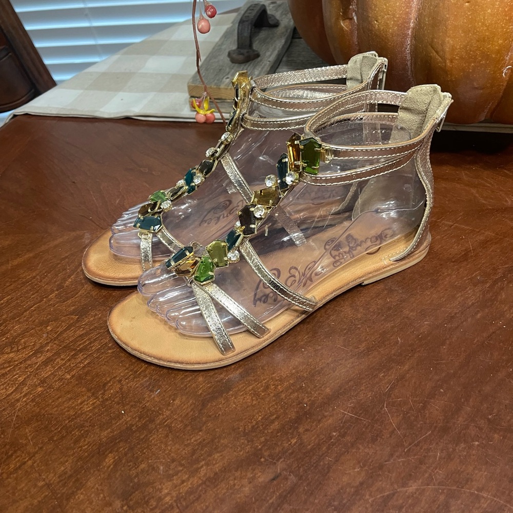 NAUGHTY MONKEY Multi Colored Jeweled Gold Leather Sandals